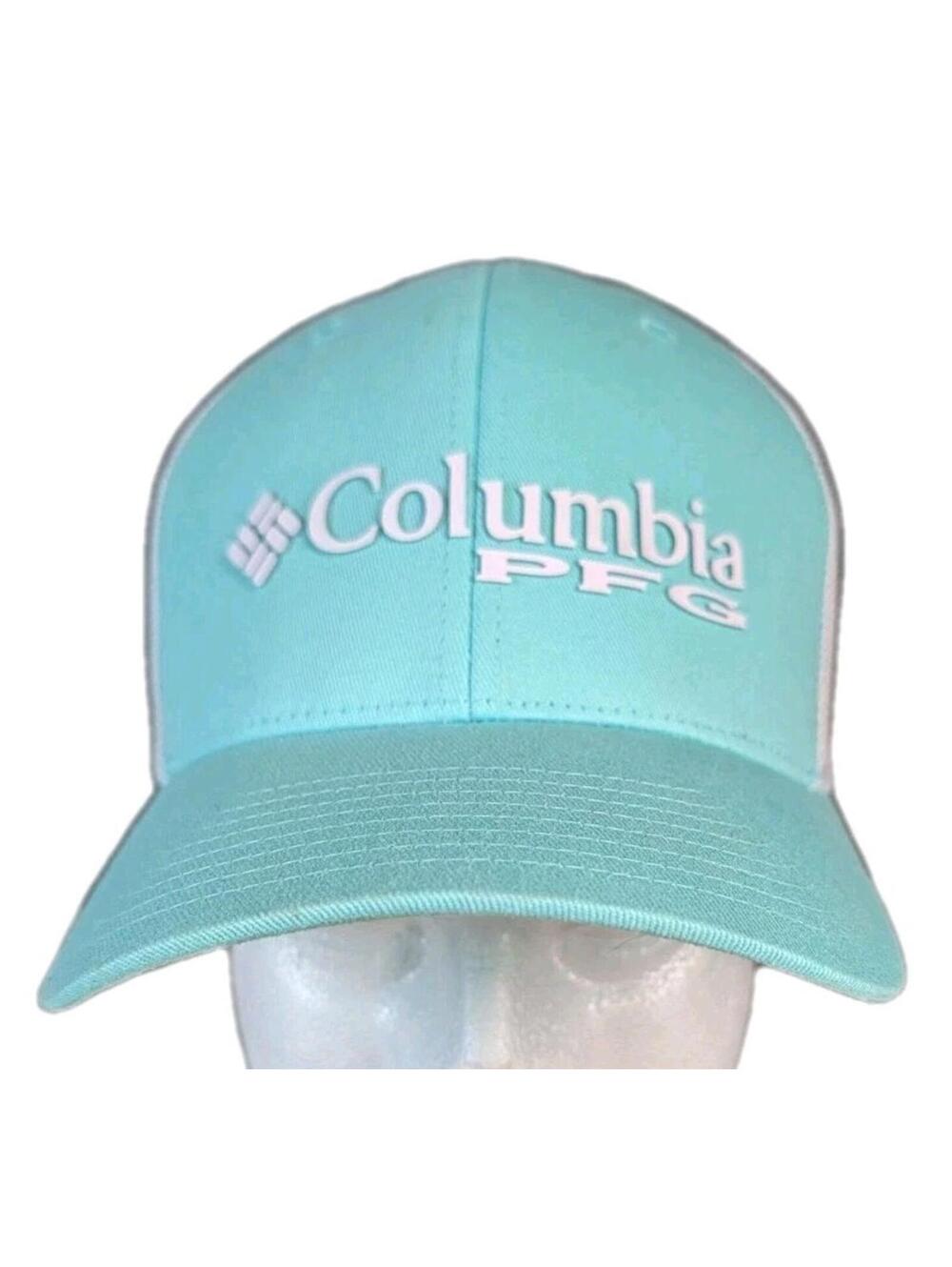 Columbia Mens Hat S M Blue Teal White PFG Flexfit Fishing Outdoor Mesh Cap